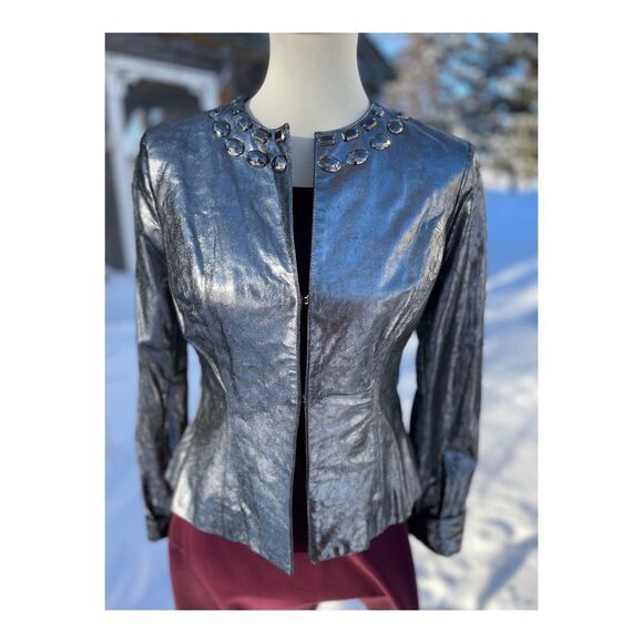 Isabel Silver Metallic Italian Leather Bomber Jacket Cobochon Studded Sz M - Picture 2 of 12